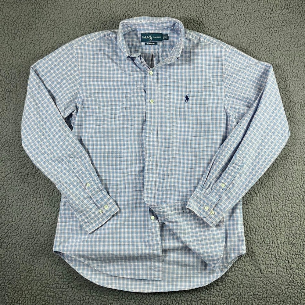 Ralph Lauren Classic Fit Plaid Button Down Shirt Mens 16 34/35 Blue Pink Pony
